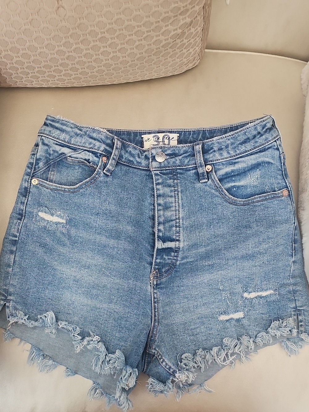 We The Free Light Blue Distressed High-Rise Denim Shorts
